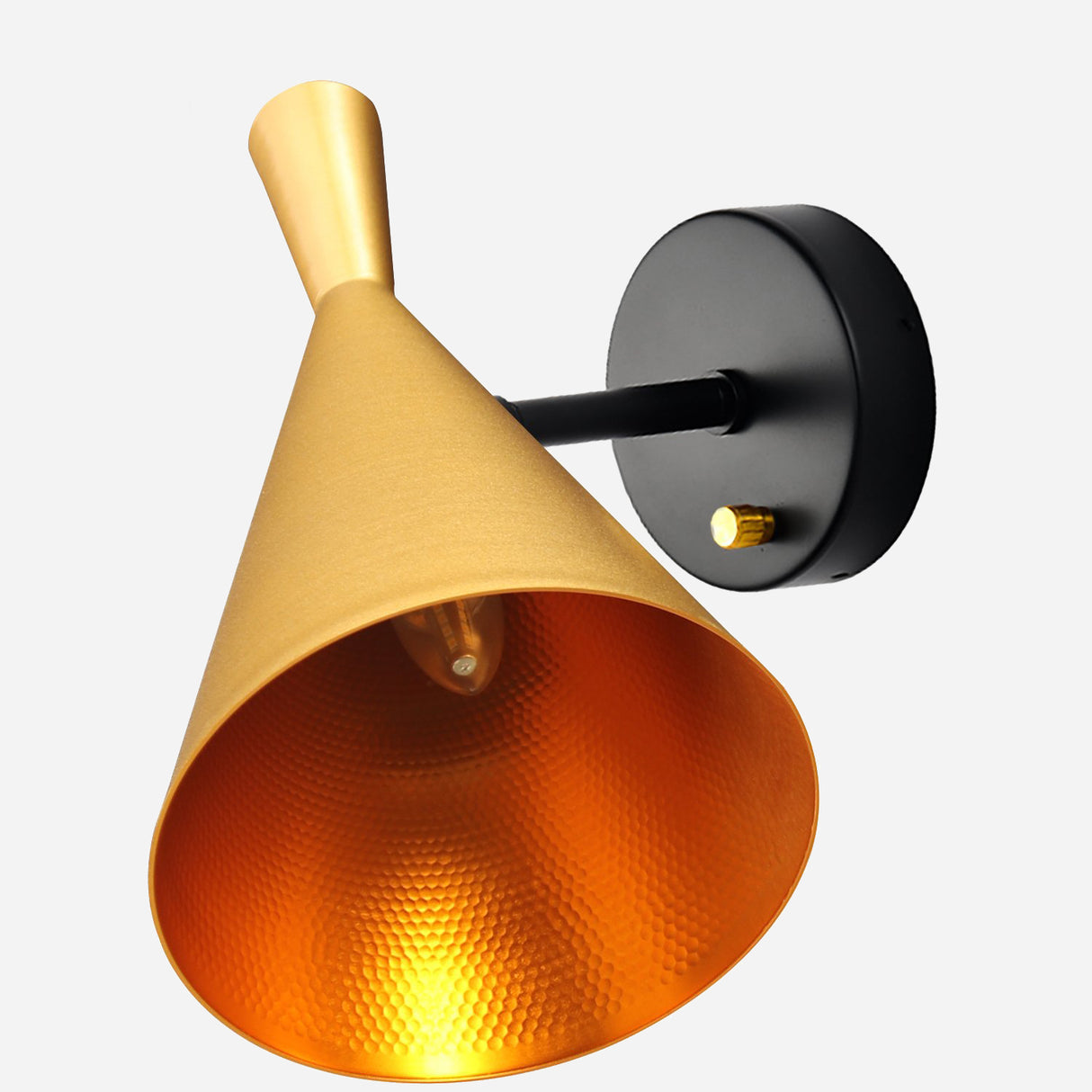 The Funk Wall Light - Gold is a chic wall-mounted lamp featuring a cone shape with a textured metallic gold interior and a matte black base. Its stylish, modern design includes an elegant extension with a small knob on one side, offering an exquisite enhancement to your home decor.
