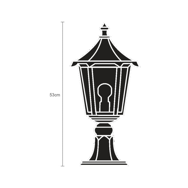 Gable Cast Aluminium Outdoor Bollard Light, 53cm, black finish with pagoda roof, six-pane glass lantern head on a cast pedestal base, shown on a plain white background with height guide.
