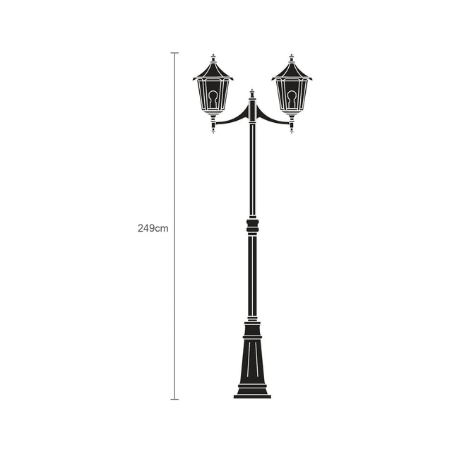 Gable Outdoor 2 Light Lamp Post, 249cm black cast column with twin gable-roof lanterns and flange plate base, shown as a dimensioned line illustration on a white background.