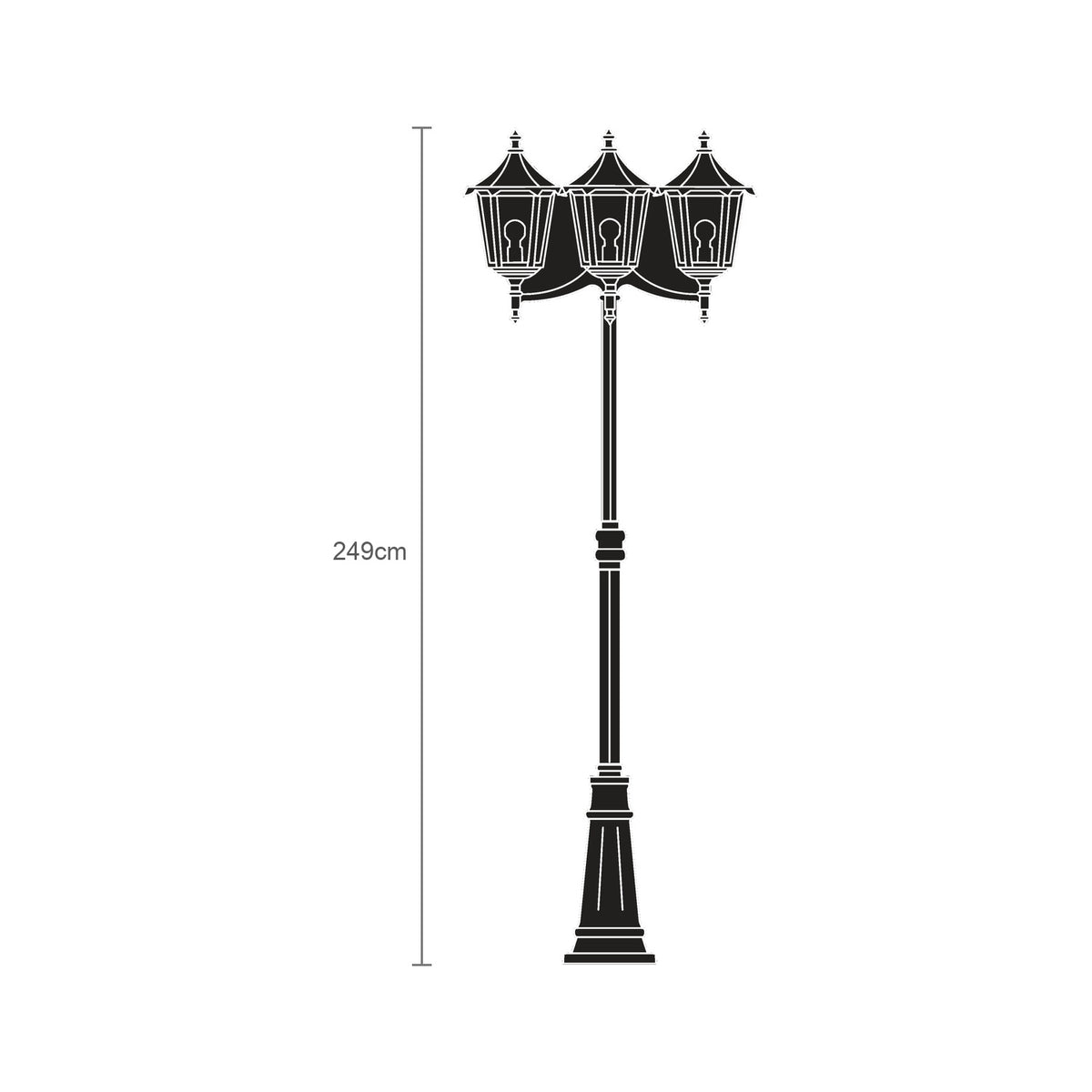 Gable Copper Top Outdoor 3 Light Lamp Post, 249cm black cast aluminium column with three pagoda-roof lanterns on a flange plate base, shown as a silhouette with height marker on a white background.