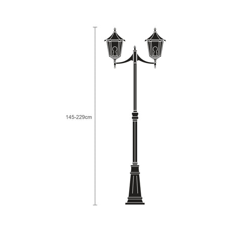 Gable outdoor lamp post in black with two hexagonal lanterns and pagoda-style copper-effect roofs, adjustable 145-229cm cast column, shown on a plain white background.
