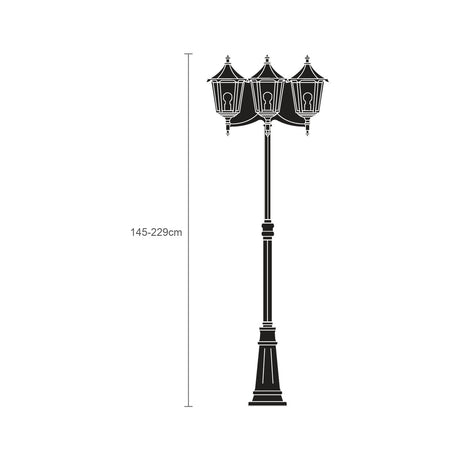 Gable outdoor lamp post with adjustable 145-229cm cast column and three lanterns featuring pagoda roofs and glass panes, shown in black silhouette on a white background.