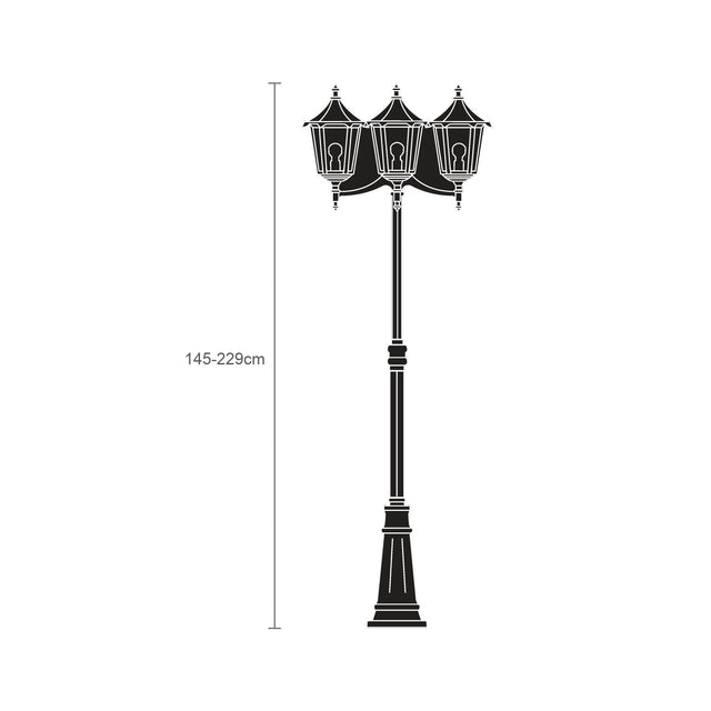 Gable outdoor lamp post with adjustable 145-229cm cast column and three lanterns featuring pagoda roofs and glass panes, shown in black silhouette on a white background.