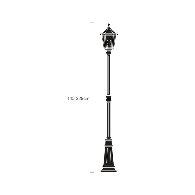 Gable outdoor lamp post in black, adjustable 145-229cm, with a copper-top pagoda-style lantern over six glass panes on a straight cast column, shown against a plain white background.