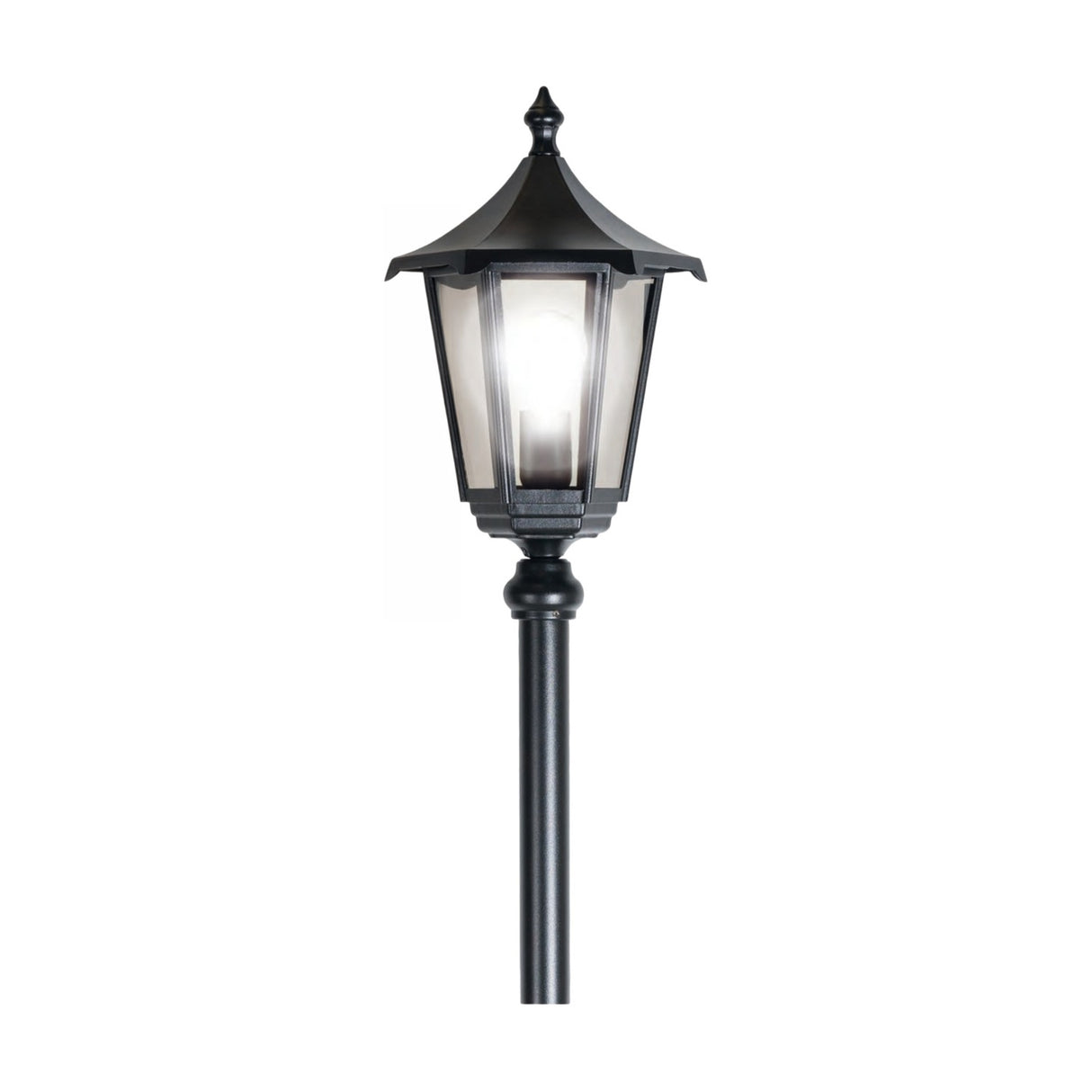 Gable Copper Top Outdoor Adjustable Lamp Post in black, featuring a pagoda-style roof over six-panel glass lantern with a single E27 bulb, on a tall straight column, shown on a plain white background.