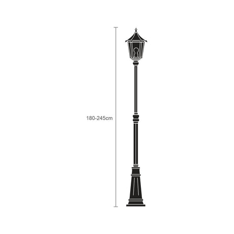 Gable Copper Top outdoor lamp post, black cast aluminium column with pagoda-roof lantern and glass panes, adjustable 180-245cm height, shown on a plain white background.