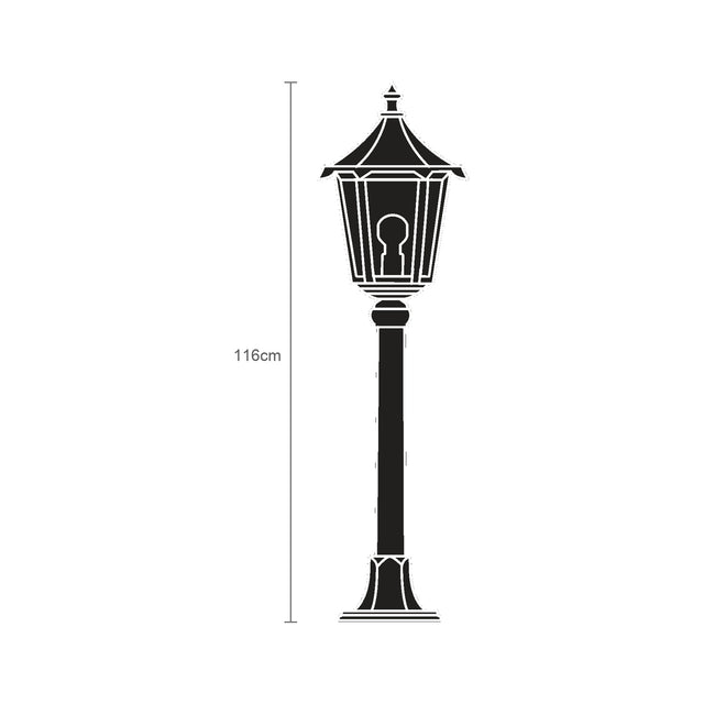 Gable Copper Top Outdoor Bollard Light, 116cm traditional lantern with pagoda roof and glass panes on a cast pedestal, shown as a black silhouette with height marker on a white background.