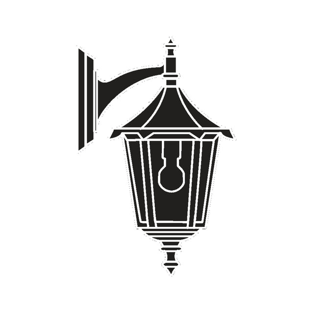 Gable Copper Top Outdoor Hanging Wall Lantern in black, six-panel pagoda-style lantern hung below a wall bracket, glass panes and E27 fitting, plain white background.
