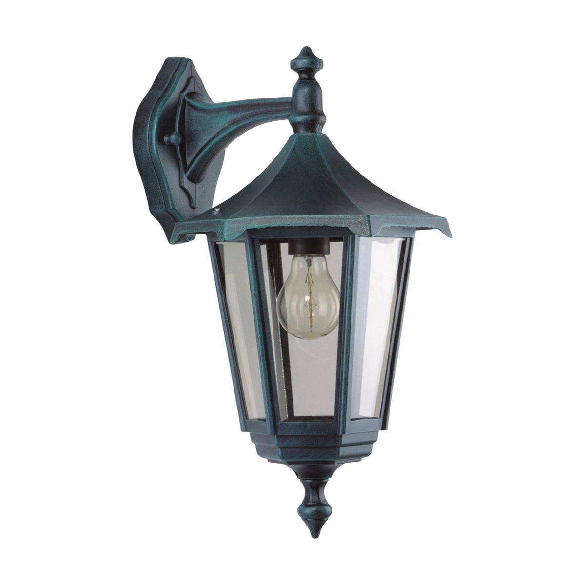 Gable Copper Top Outdoor Hanging Wall Lantern in green-verdigris finish, six-pane design with pagoda roof, wall-mounted with visible E27 bulb, shown on white background.