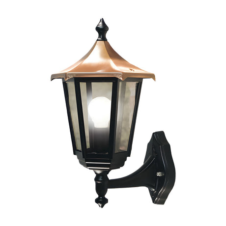Gable Copper Top Outdoor Wall Lantern with black hexagonal frame, clear glass panels, copper pagoda roof, and cast wall bracket, shown on a plain white background.