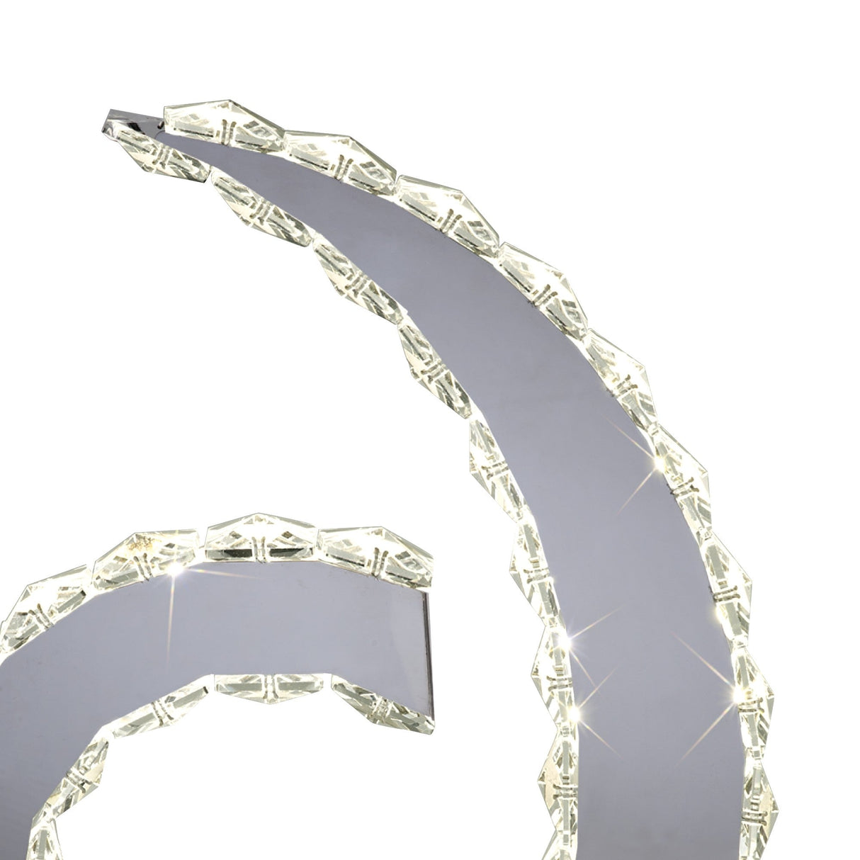 Close-up of the Galaxy LED Crystal D Shape Table Lamp, 12W 4000K in polished chrome, featuring curved arms edged with faceted crystal accents and bright white LED illumination.