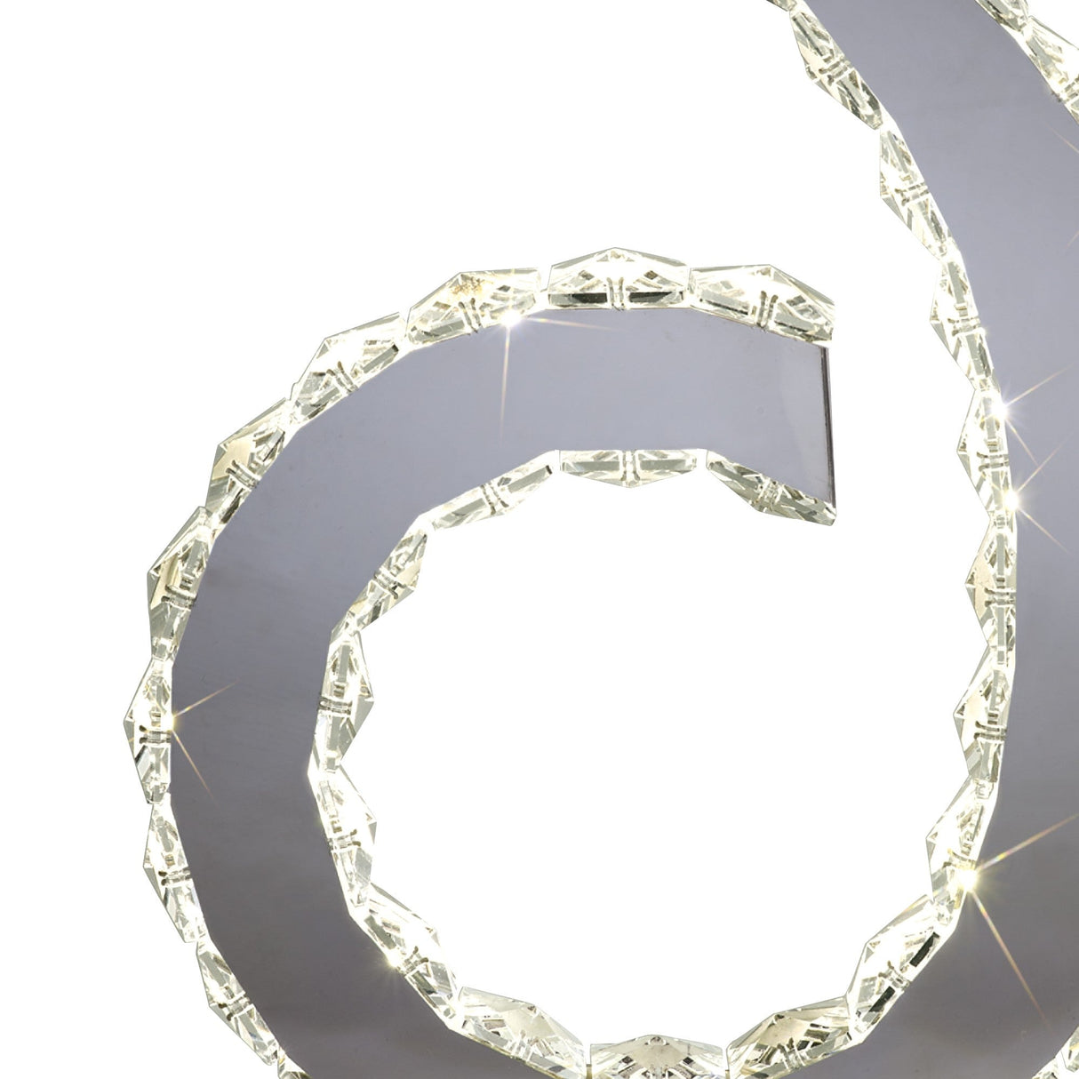 Close-up of a metallic spiral with faceted, crystal-like edges and sparkling white lights—evoking the style of the Galaxy LED Crystal D Shape Table Lamp 12W 4000K in Polished Chrome. Only a portion appears against a white background.