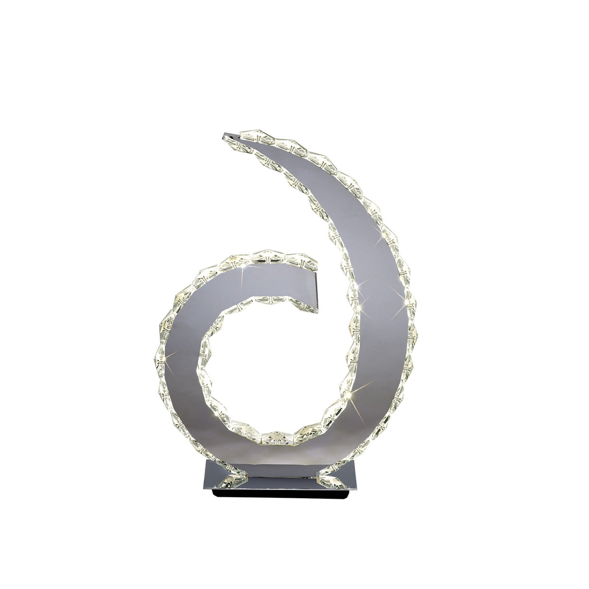The Galaxy LED Crystal D Shape Table Lamp features a polished chrome metallic frame with crystal accents, emits 12W 4000K bright white light, and sits on a rectangular black base—ideal for modern ambient lighting.