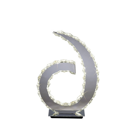 The Galaxy LED Crystal D Shape Table Lamp features a polished chrome metallic frame with crystal accents, emits 12W 4000K bright white light, and sits on a rectangular black base—ideal for modern ambient lighting.