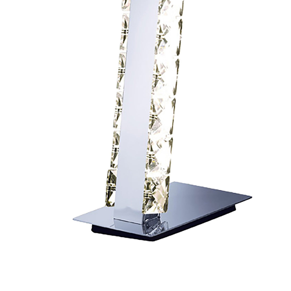 Close-up of the polished chrome base and crystal-embedded column of the Galaxy LED Crystal Table Lamp 3W 4000K, glowing against a white background as a modern accent piece.