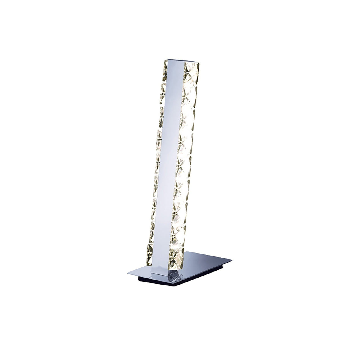 The Galaxy LED Crystal Table Lamp 3W 4000K - Polished Chrome features a modern rectangular design with a crystal-embellished vertical light column and chrome base, creating a stunning contemporary accent for any space.