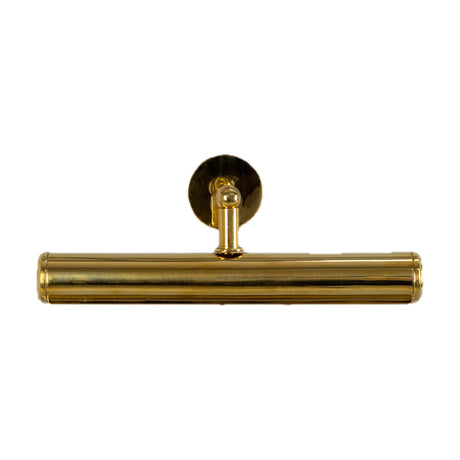 Galle Brass Picture Light in natural brass, IP65-rated wall light with a 35.5cm cylindrical shade, ball-jointed stem and round wall plate, shown on a plain white background.