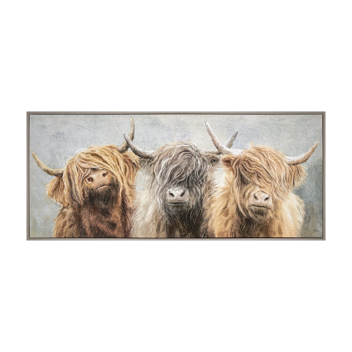 Three of a Kind Highland Cattle Framed Canvas – Brown