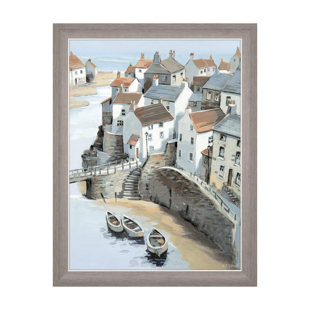 On the Headland Framed Canvas Coastal Village Print – White