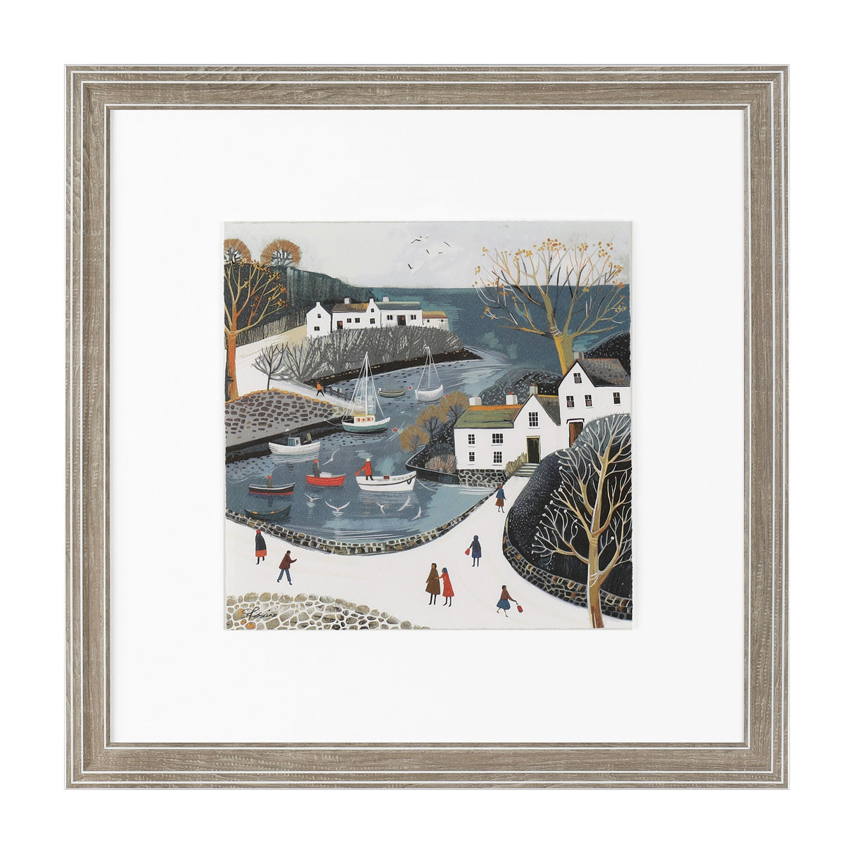 Tranquil Haven Framed Coastal Village Print – Grey