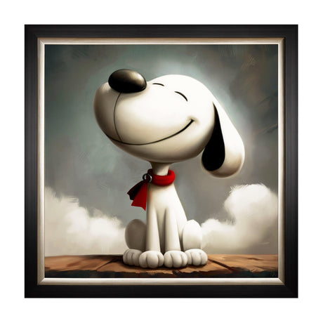 Happiness Is Cartoon Dog Framed Canvas Wall Art – White