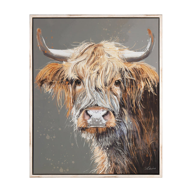 Brodie Highland Cow Framed Canvas – Grey