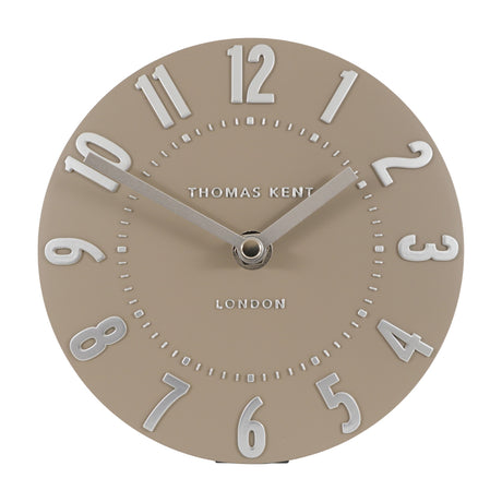Gallery Direct Mulvorne 6 inch mantel clock with mocha face, raised silver 3D Arabic numerals and slim metal hands on a plain white background.