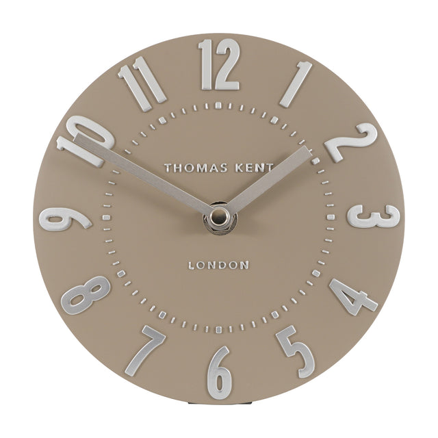 Gallery Direct Mulvorne 6 inch mantel clock with mocha face, raised silver 3D Arabic numerals and slim metal hands on a plain white background.