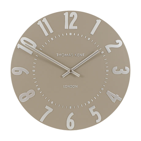 Mulvorne Wall Clock by Thomas Kent in a mocha finish with raised silver-tone Arabic numerals, slim baton hands and London-signed centre.