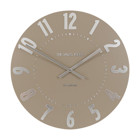 Mulvorne Wall Clock by Thomas Kent in a mocha finish with raised silver-tone Arabic numerals, slim baton hands and London-signed centre.