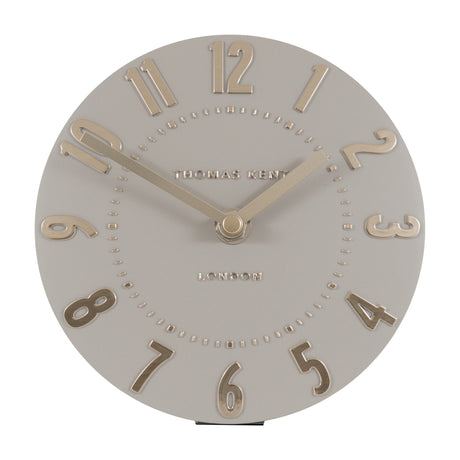 Gallery Direct Mulvorne 6 inch mantel clock with a round silver cloud grey dial, raised metallic Arabic numerals and slim hands, on a white background.