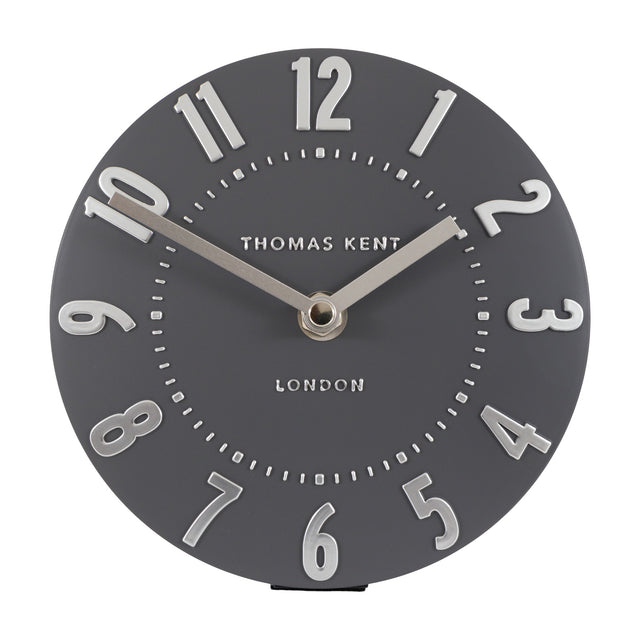 Thomas Kent Mulvorne 6 inch mantel clock in graphite grey with raised silver 3D Arabic numerals and slim metal hands on a plain background.