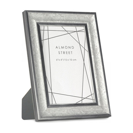 Gallery Direct Altvorne 6x4in photo frame in silver with crackle-textured face, grey outer and inner edges, shown freestanding on a plain background.