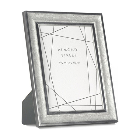 Gallery Direct Altvorne 7x5 inch photo frame with tapered textured silver moulding and darker grey edging, shown upright on a plain white background.