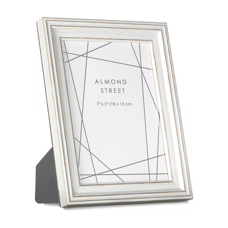 Gallery Direct Alfvane photo frame with stepped white washed wood-effect moulding, easel back, and 7x5in aperture shown on a plain white background.
