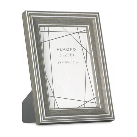 Gallery Direct Kelvane photo frame in weathered grey wood-effect with stepped moulded profile and bright inner lip, holding a 6 x 4in portrait aperture.