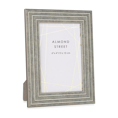 Gallery Direct Burvorne stone grey photo frame with tiered white line border detail, standing upright on a plain white background.