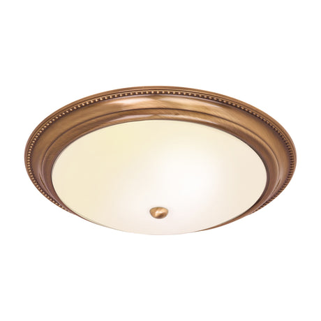 Gallery Direct Atvorne 3-light flush ceiling light with beaded antique brass surround and frosted glass diffuser, shown on a plain white background.