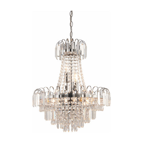 Gallery Direct Orvelis tiered crystal chandelier pendant light with faceted glass droplets and chrome frame, suspended from a chain on a white background.