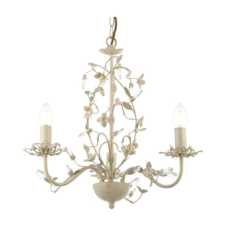 Gallery Direct Vaenelle 3-light floral chandelier in brushed cream with candle bulbs, beaded blooms and acrylic droplets on a white background.