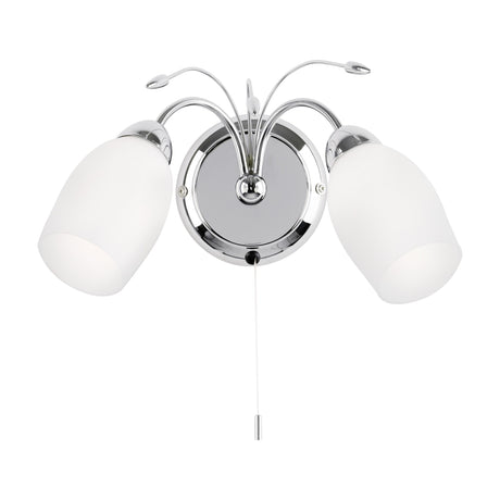Gallery Direct Medvane 2-light chrome wall light with frosted opal glass shades, curved arms and pull cord switch on a plain background.