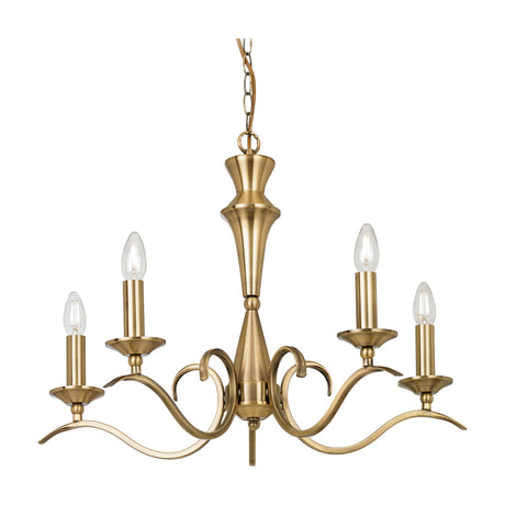 Gallery Direct Kelsenna 5 Light Chandelier in antique brass, with curved scrolled arms, candle tubes and a turned central column, on a white background.