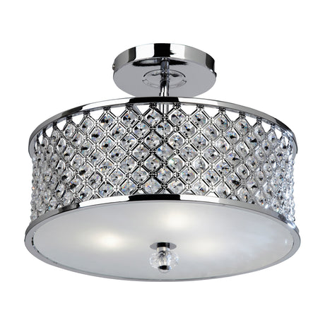 Gallery Direct Hudvane 3-light semi-flush ceiling light with chrome drum frame, diamond lattice of clear crystals and frosted glass diffuser.