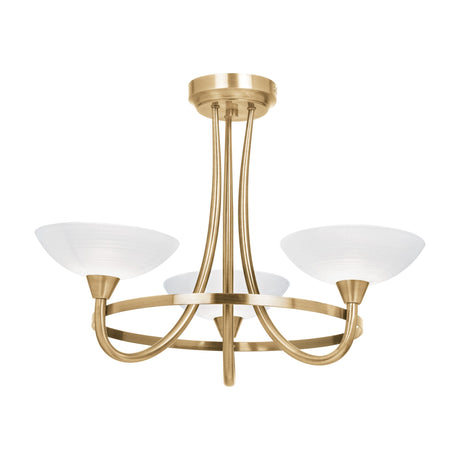 Gallery Direct Calvenne 3-light semi-flush ceiling lamp with curved antique brass arms and upturned white patterned glass shades on a plain background.