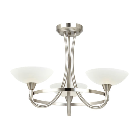 Gallery Direct Calvenne 3 light semi-flush ceiling lamp in satin chrome with curved arms and upturned white glass shades on a plain background.