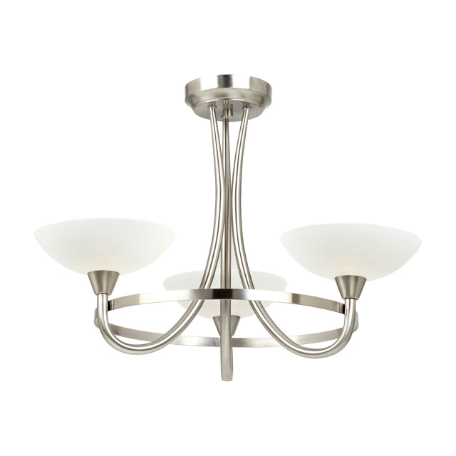 Gallery Direct Calvenne 3 light semi-flush ceiling lamp in satin chrome with curved arms and upturned white glass shades on a plain background.