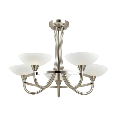 Calvenne five-light semi-flush ceiling light by Gallery Direct with curved satin chrome arms, slim metal ring, and upturned white glass dome shades.