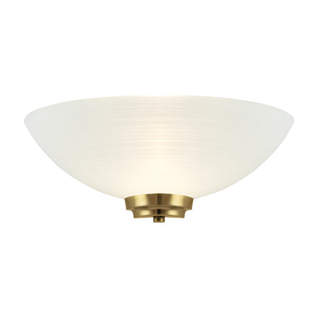 Gallery Direct Welvenne Glass Wall Light with frosted half-bowl shade in linear pattern on a stepped brushed brass backplate, shown on white.
