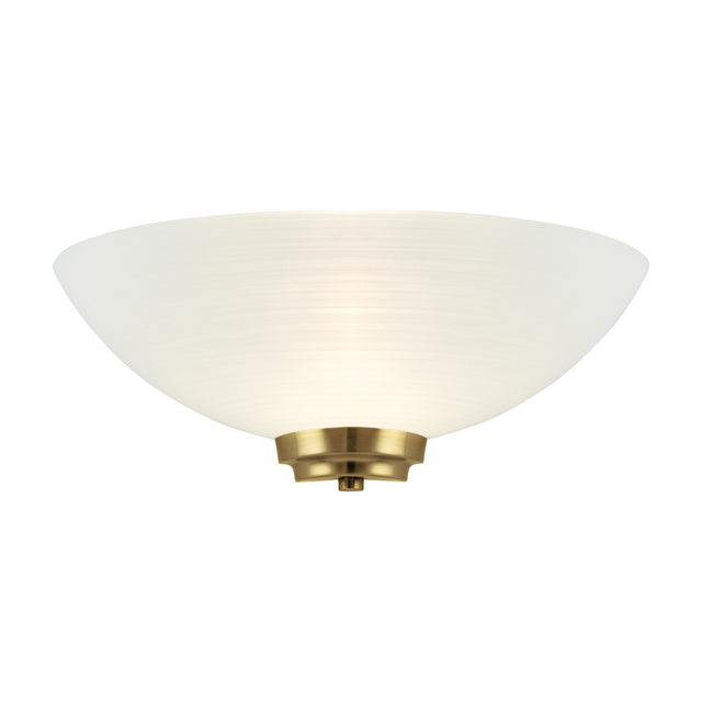 Gallery Direct Welvenne Glass Wall Light with frosted half-bowl shade in linear pattern on a stepped brushed brass backplate, shown on white.