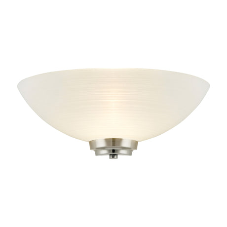 Gallery Direct Welvenne Glass Wall Light with frosted linear-patterned half-bowl shade on a satin chrome stepped backplate, shown on a white background.